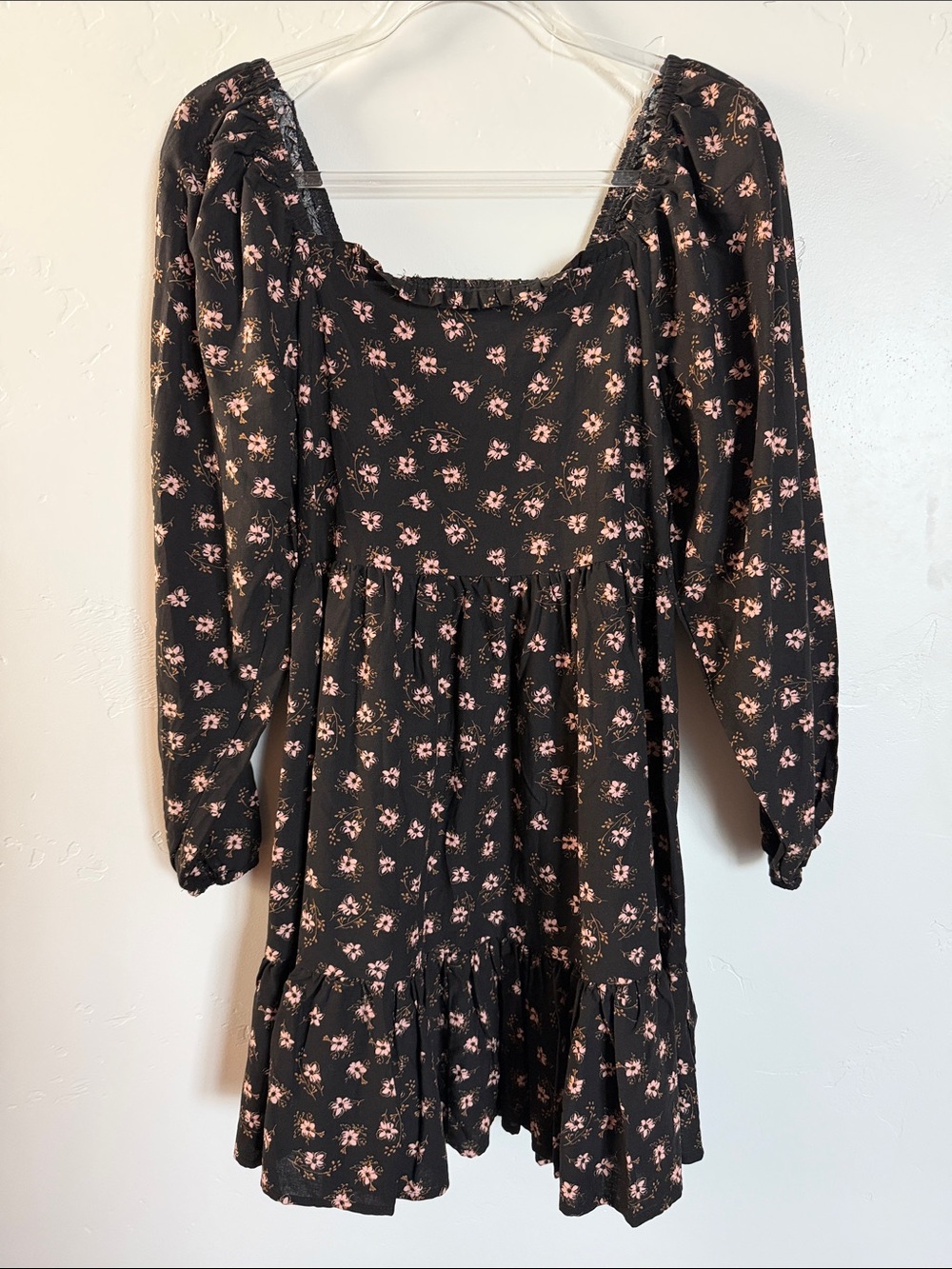 Celebrity Pink Babydoll Dress Black Long-Sleeve Floral Mini Dress Pink Flowers